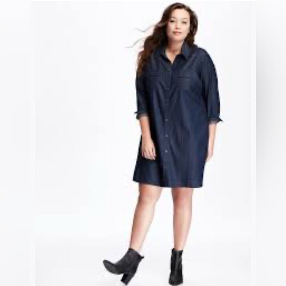 Old Navy Long Sleeve Chambray 100% Cotton Dark Wash Button Front Shirt Dress XXL